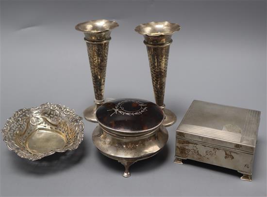 A silver cigarette box, pair of silver posy vases, bonbon dish and a silver and tortoiseshell trinket box.